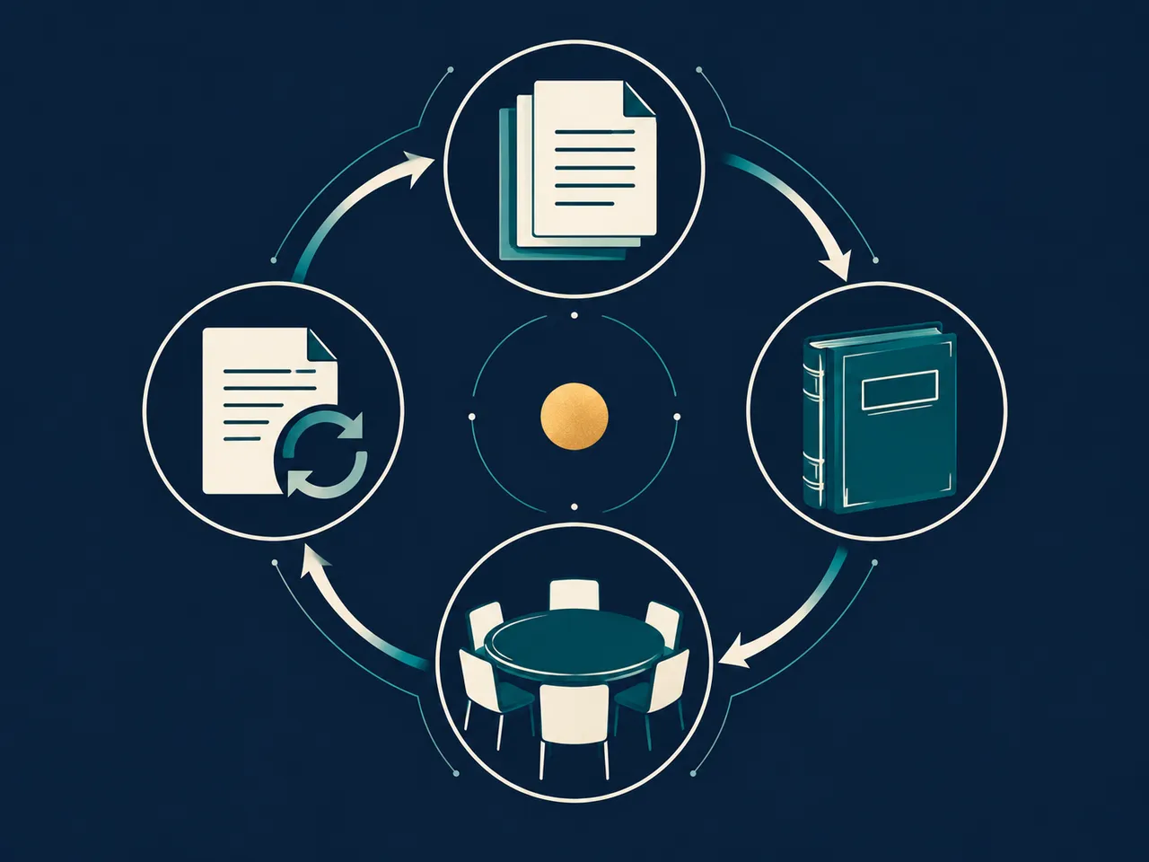Cycle en quatre phases : documents, registre, comité, mise à jour