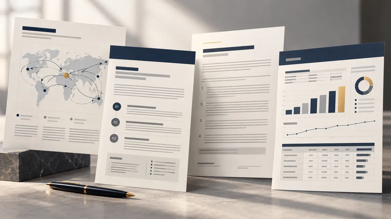 Four anonymous professional documents in an editorial composition